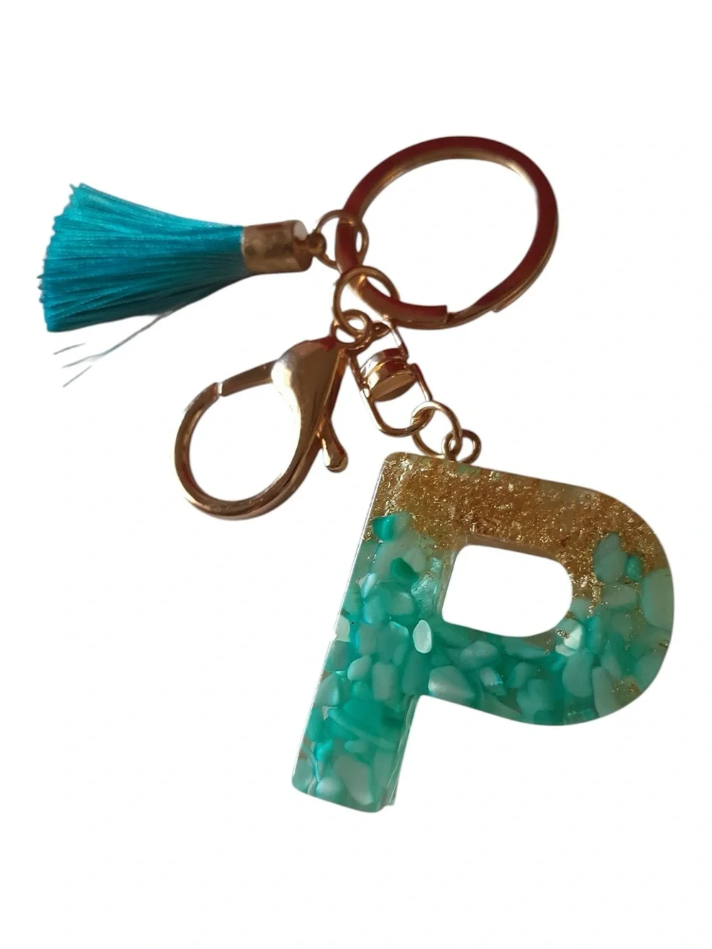 Resin Turquoise Letter P Keychain Initial Bag Charm Tassel Accent